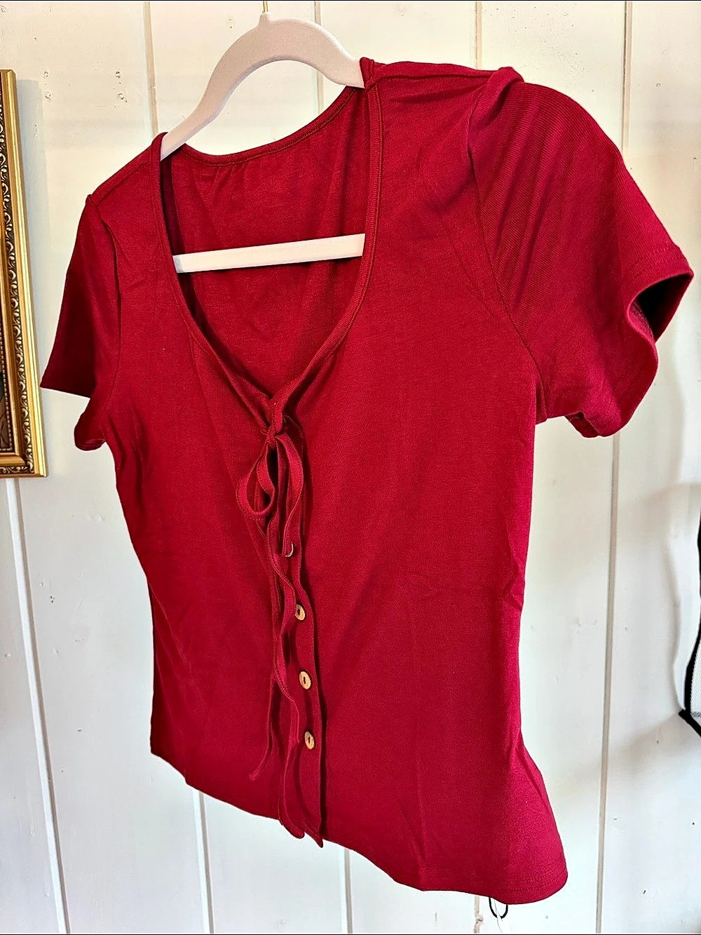 LYANER Women's Tie Front Scoop Neck Short Sleeve Button Ribbed Knit Top Dark Red